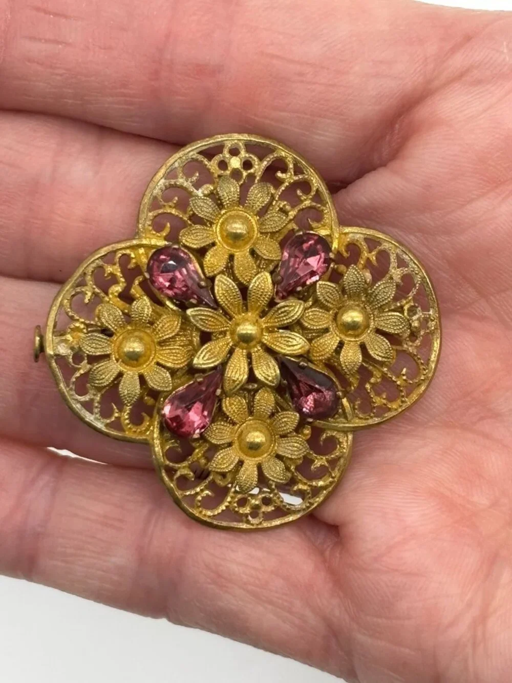 Vintage Czech Filigree Brooch Gold Tone Teardrop Pink Rhinestones Trombone Clasp